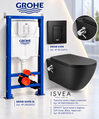 Комплект структура GROHE с черен бутон и талетна чиния INFINITY черен мат с вграден смесител
