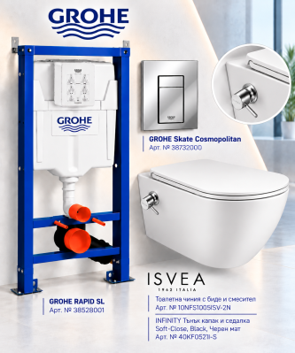 Комплект структура GROHE с хром бутон и тоалетна чиния с вградено биде и смесител ISVEA INFINITY 