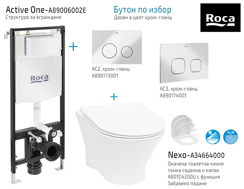 Комплект Roca - Структура Active One и бутон хром + тоалетна и капак ...
